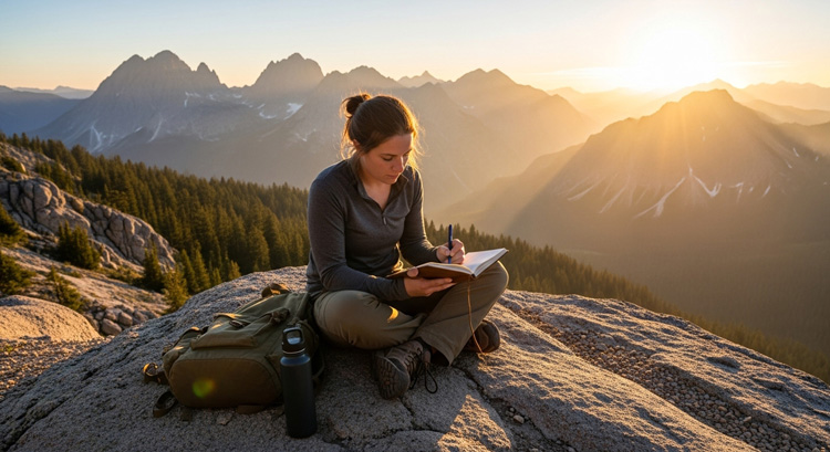 Young woman journals outdoors as she connects with the kealing aspect of nature in Taos.
