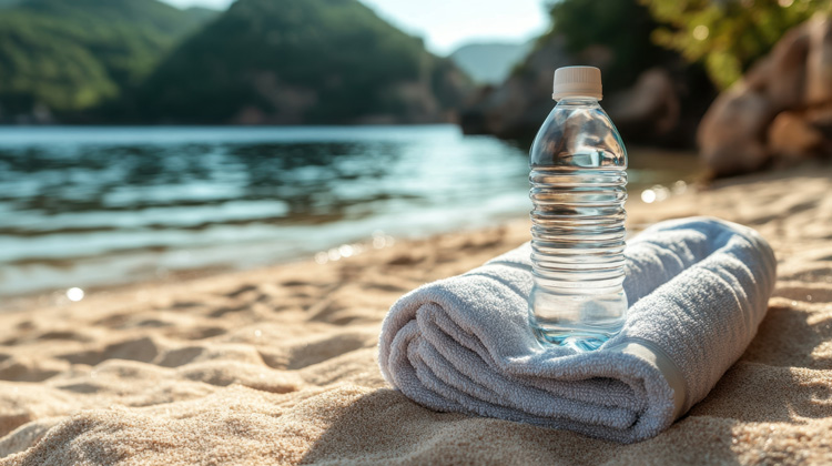Soft towel and water bottle are simple pieces of equipment to experience the benefits of beach yoga.