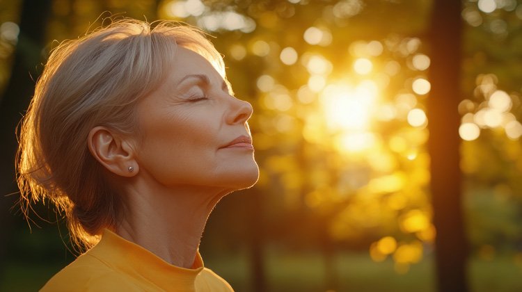 Serene mature woman meditates outdoors in the morning in a nice forest.