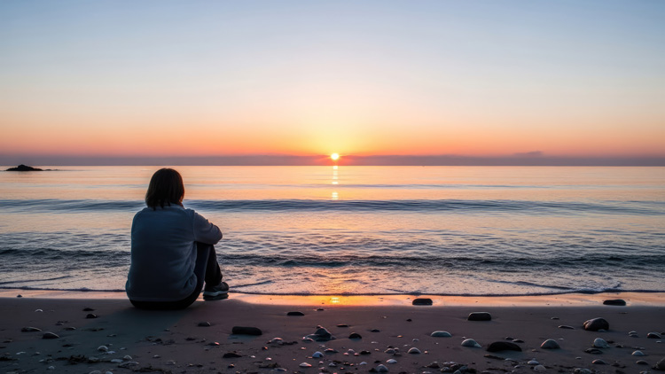 Mature woman connects with nature at the beach by watching an early morning sunrise.