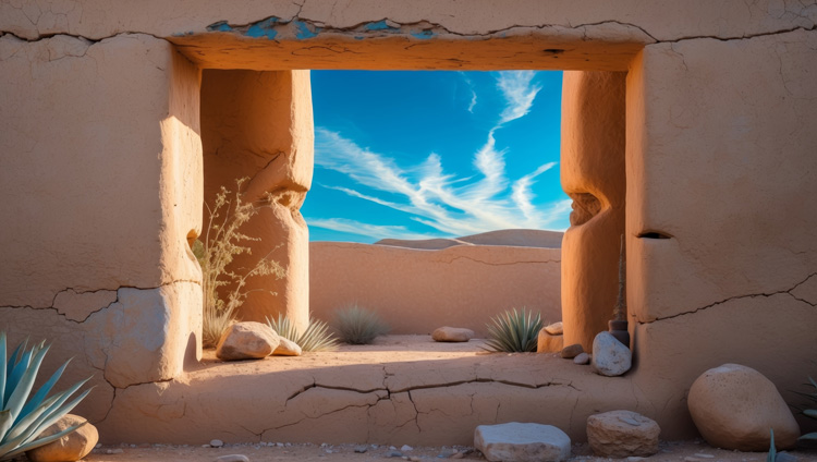 A window in a vintage home near Taos highlights the land as a spiritual destination. A window in a vintage home near Taos highlights the land as a spiritual destination.
