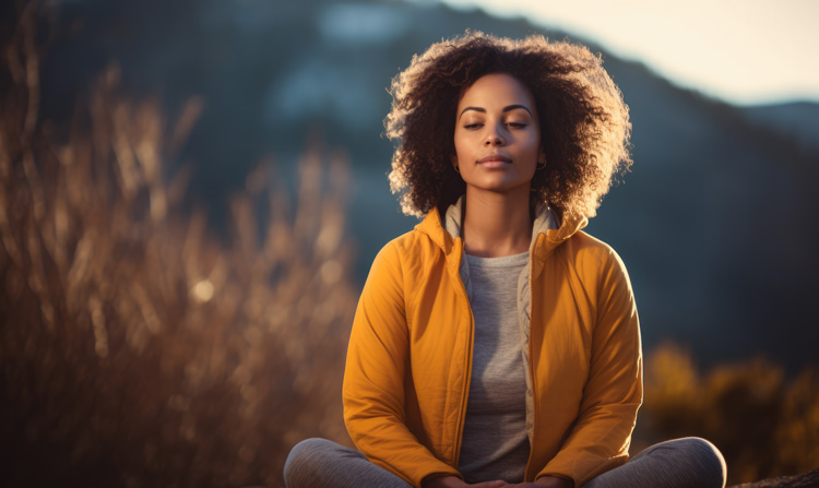 Young African-American woman meditates outdoors in the morning.
