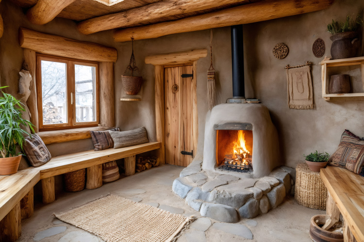 Rustic interior of a Taos earthship.