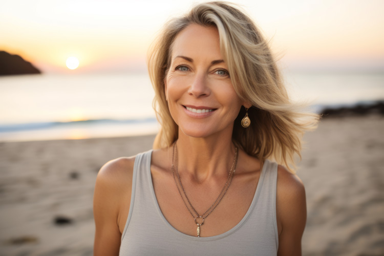Mature beautiful woman who participates in beach rituals for emotional healing.