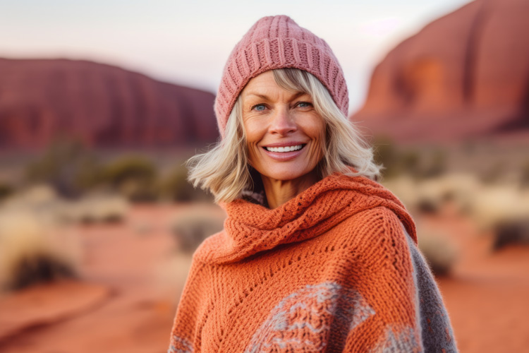 Beautiful mature woman on walking meditation in Monument Valley.