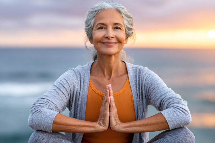 Mature woman experiencing pleasant vibes as one of the benefits of beach yoga.