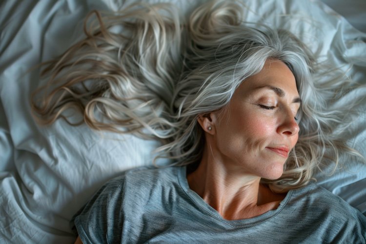 Mature woman sleeping with improved circadium alignment achieved by meditating outdoors in the morning.