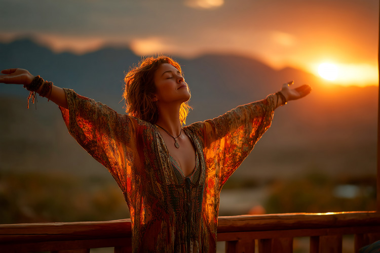 Young woman celebrating the healing vibrations of Taos.
