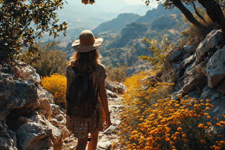 Mature woman walks in the forests of Sangre de Cristo Mountains as she connects with the healing powers of nature outside of Taos.
