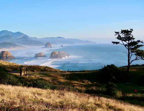 Scenic view of Cannon Beach with Haystack Rock in the far background. Ecola State Park overview.