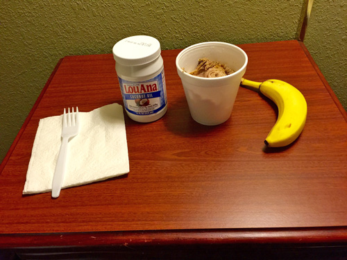 My breakfast on Day 2 of my trip to Bozeman Montana. A banana, some slow-cooked pork, and a couple of forkfulls of coconut oil.